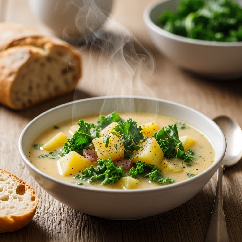 Soupe végétalienne de pommes de terre au chou frisé