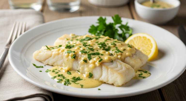 Dos de cabillaud à la crème d’ail et persil irrésistible