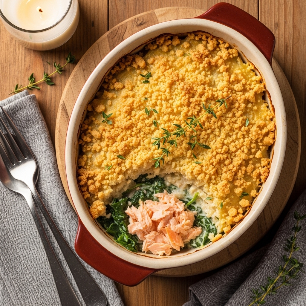 Parmentier de Saumon & Épinards, Crumble Croustillant