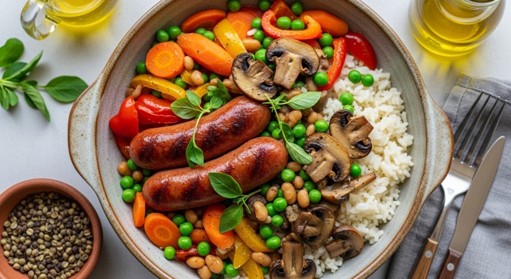 Poêlée Riz Chipolatas Légumes