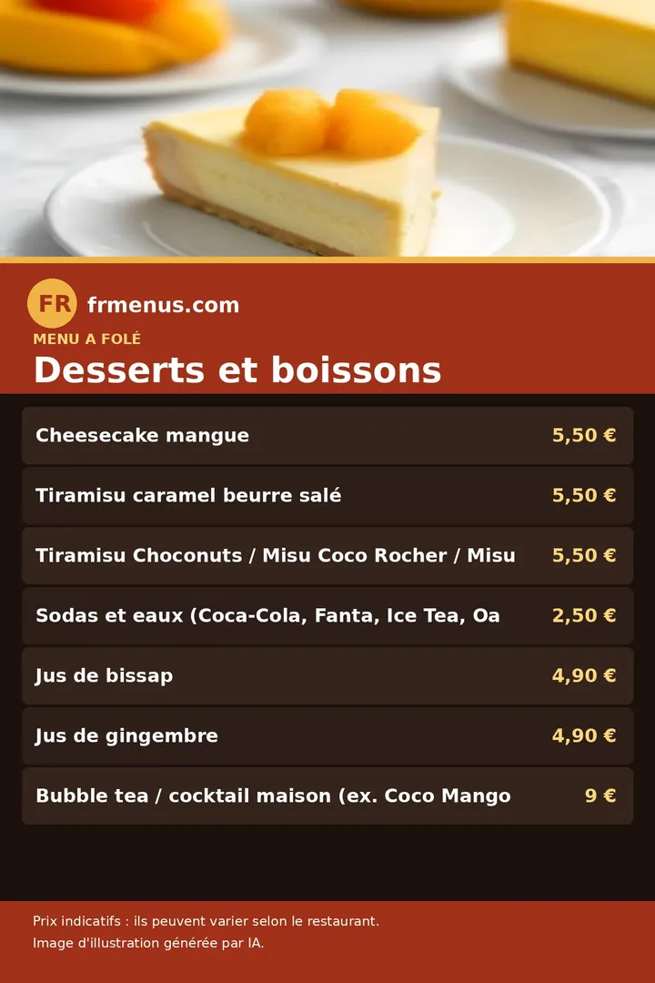 Carte des desserts et boissons d'A Folé, avec prix indicatifs