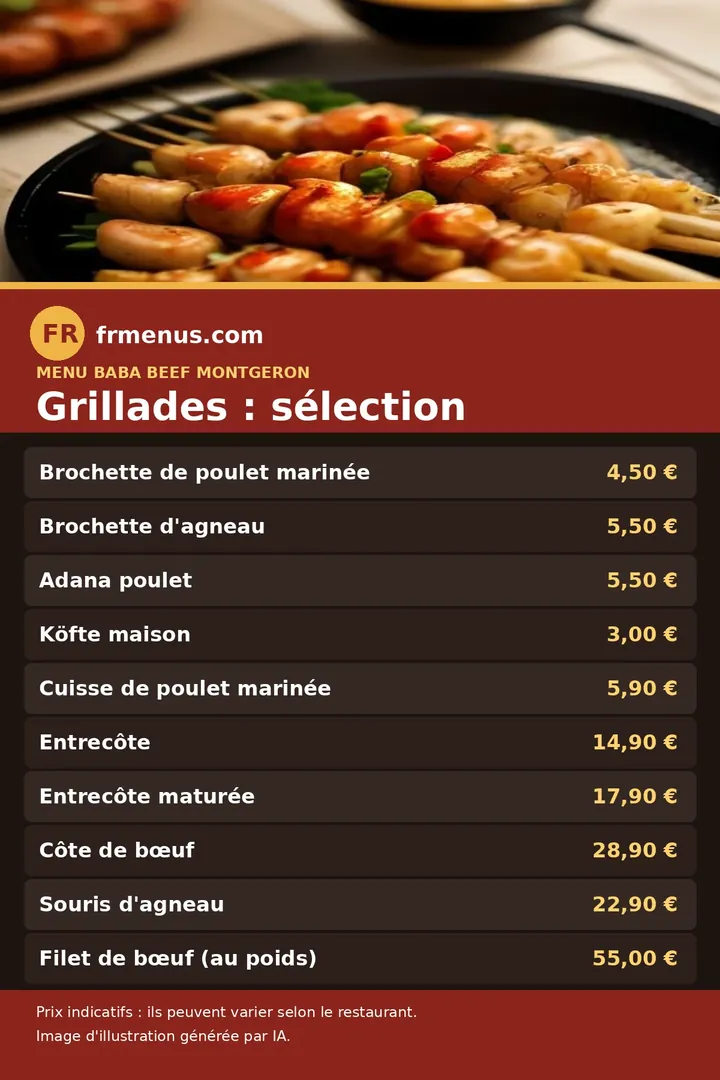 Carte d'une sélection de grillades de Baba Beef à Montgeron, avec prix indicatifs