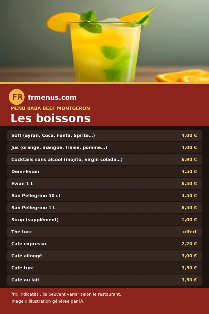 Carte des boissons de Baba Beef à Montgeron, avec prix indicatifs
