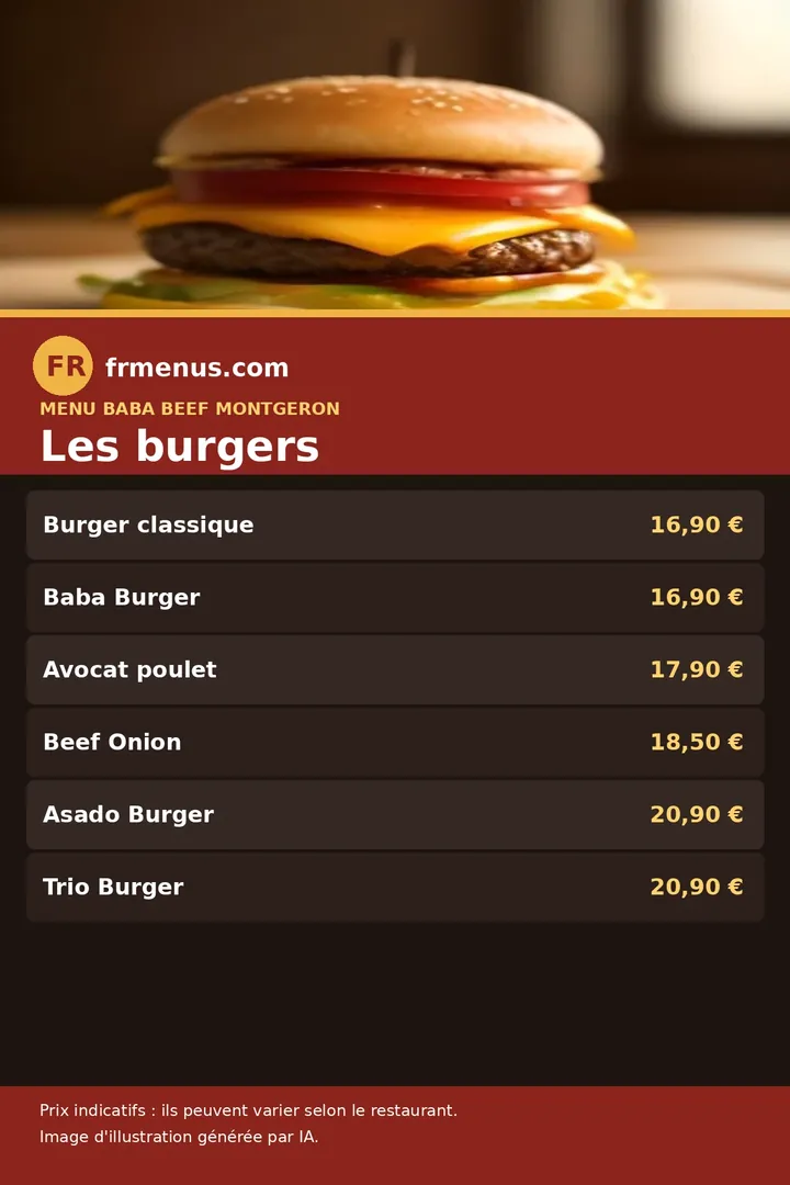 Carte des burgers de Baba Beef à Montgeron, avec prix indicatifs