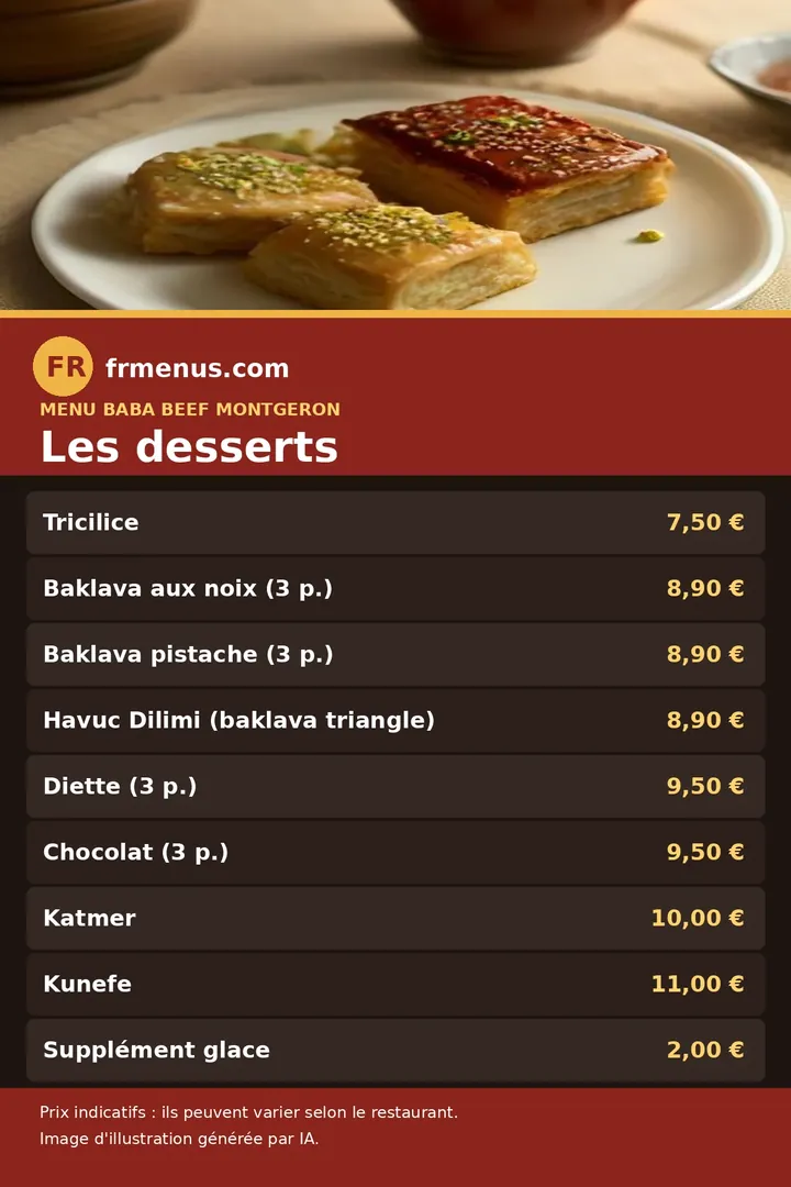Carte des desserts de Baba Beef à Montgeron, avec prix indicatifs