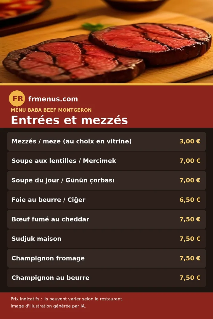 Carte des entrées et mezzés de Baba Beef à Montgeron, avec prix indicatifs