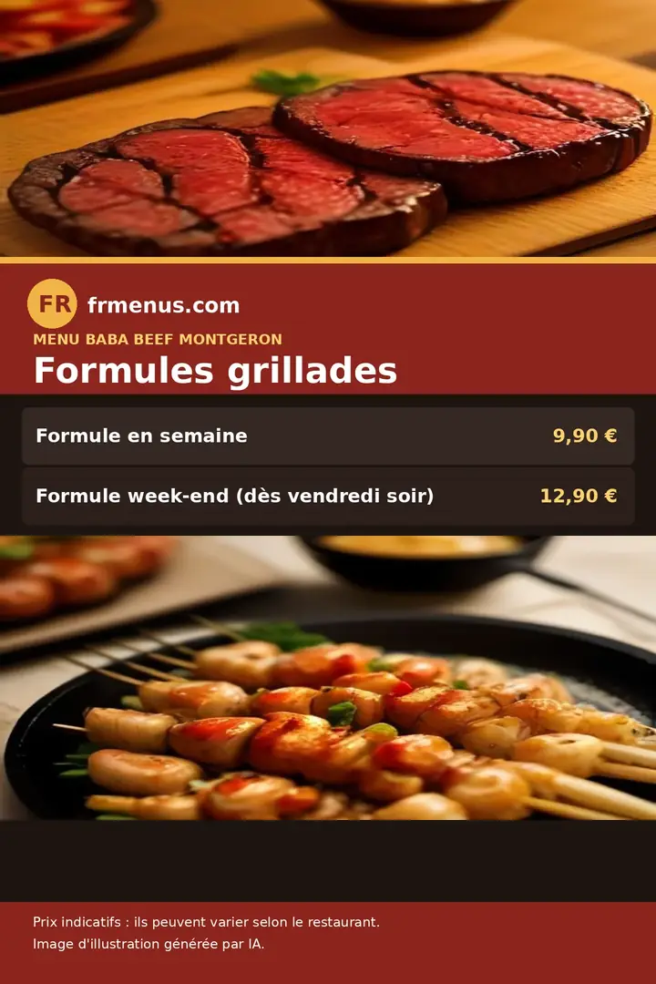Carte des formules grillades de Baba Beef à Montgeron, avec prix indicatifs