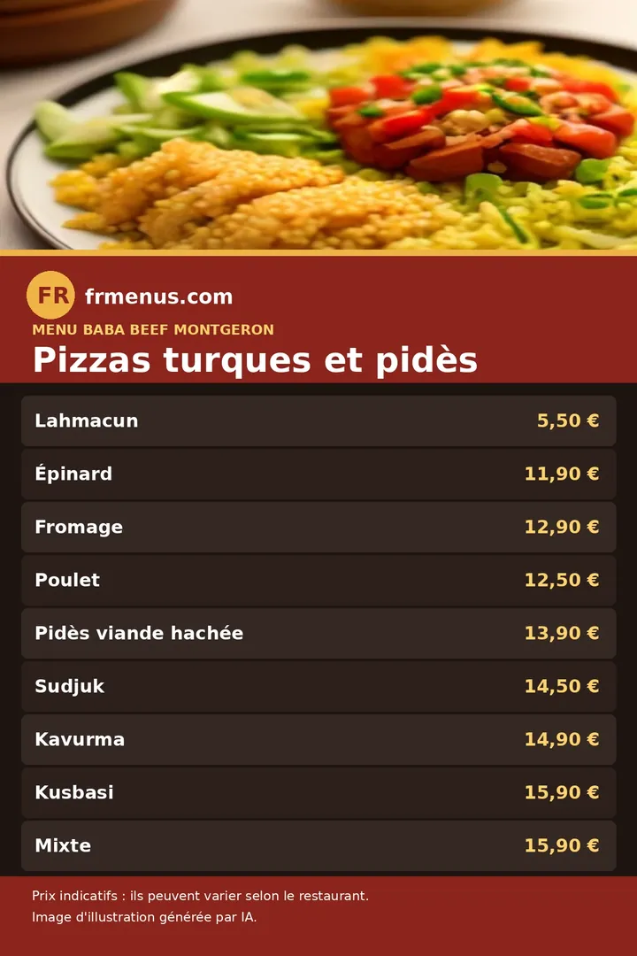 Carte des pizzas turques et pidès de Baba Beef à Montgeron, avec prix indicatifs