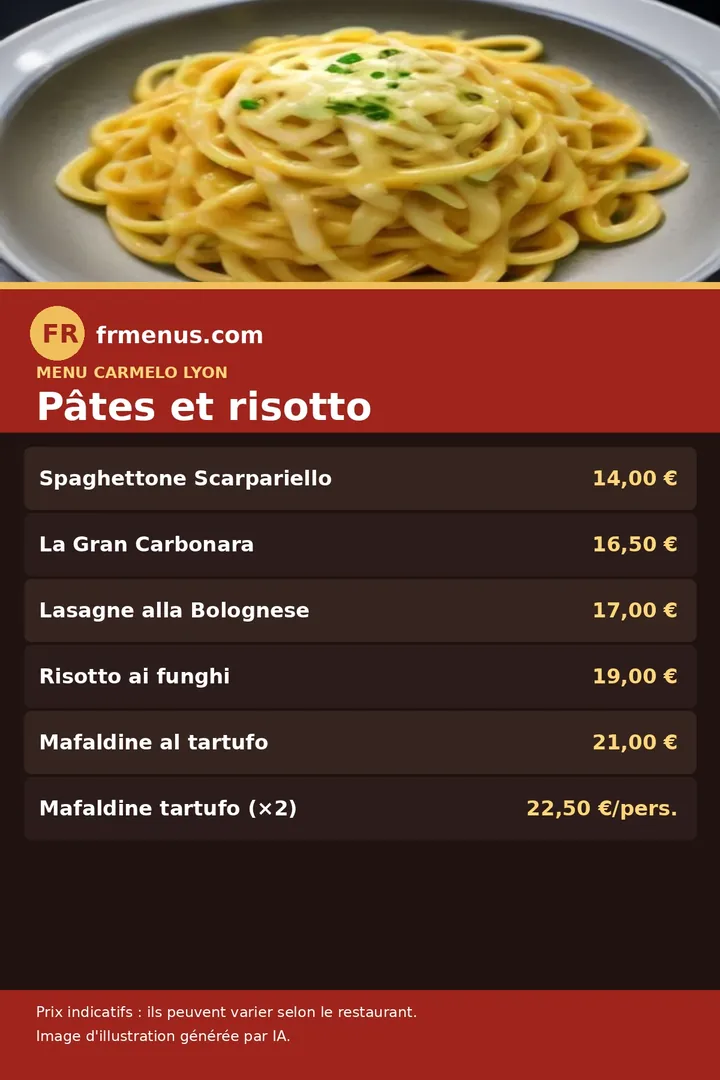 Carte des pâtes et risottos de Carmelo à Lyon, avec prix indicatifs