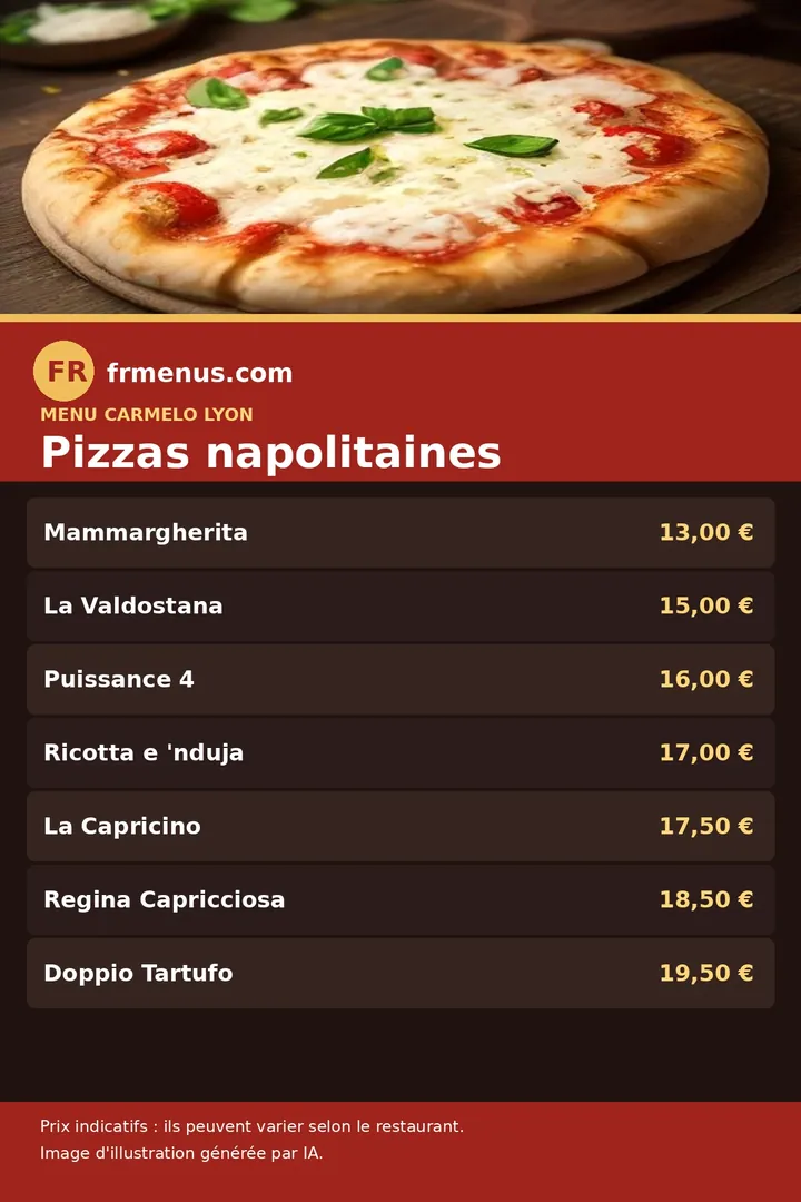 Carte des pizzas napolitaines de Carmelo à Lyon, avec prix indicatifs