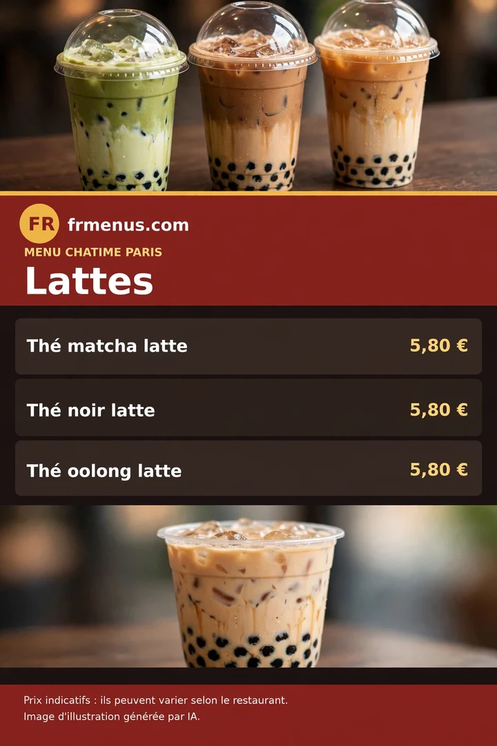 Carte « Lattes » Chatime : matcha, thé noir, oolong avec prix