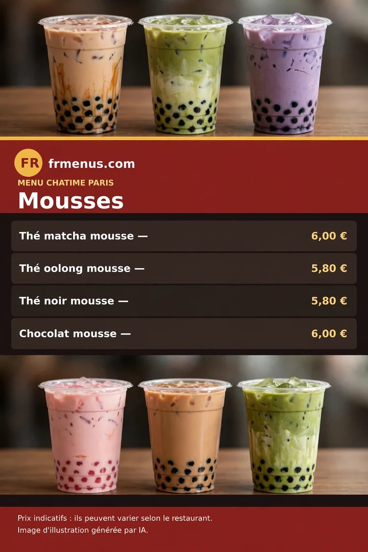 Carte « Mousses » Chatime : matcha, chocolat, oolong avec prix