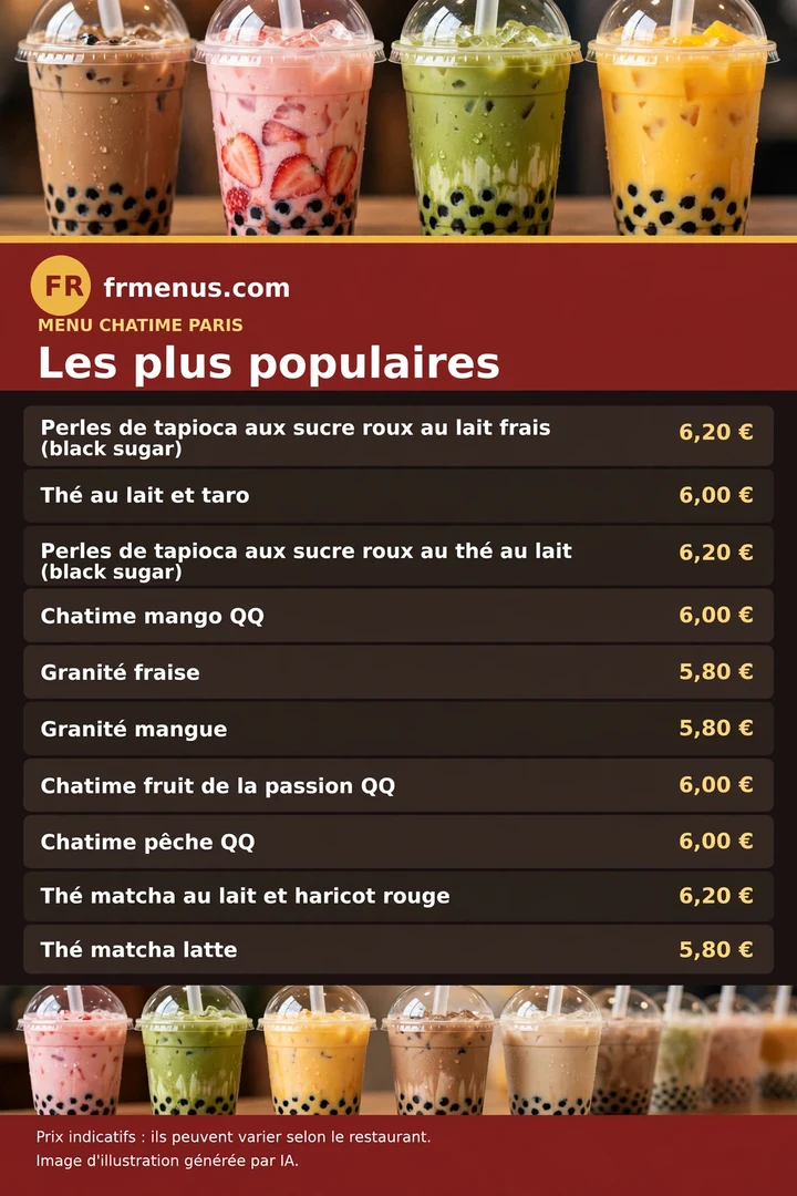Carte « Les plus populaires » Chatime : perles au sucre roux, taro, mango QQ avec prix