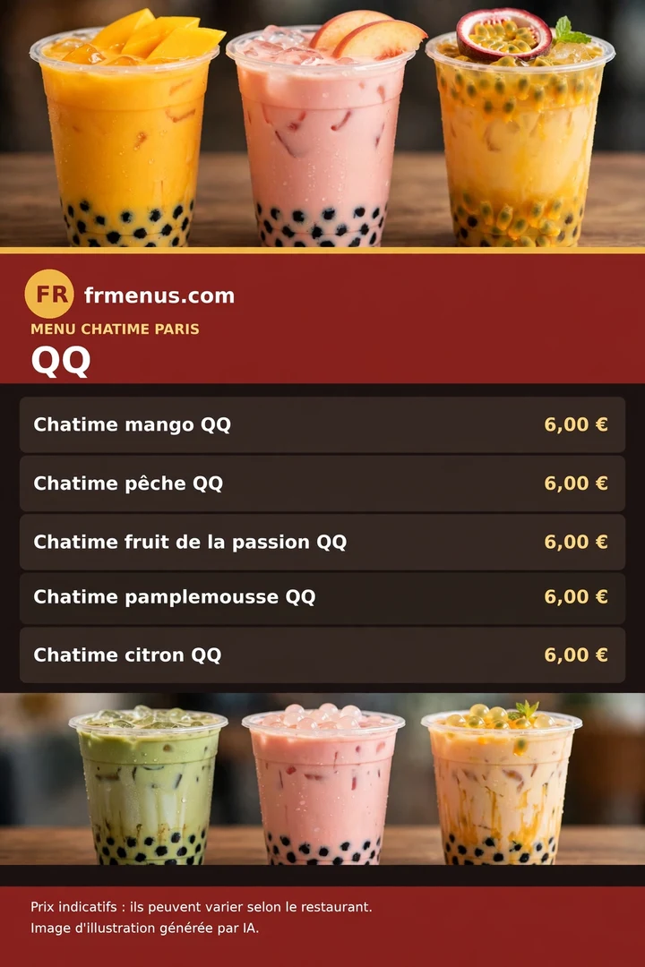 Carte « Chatime QQ » : mango, pêche, fruit de la passion avec prix
