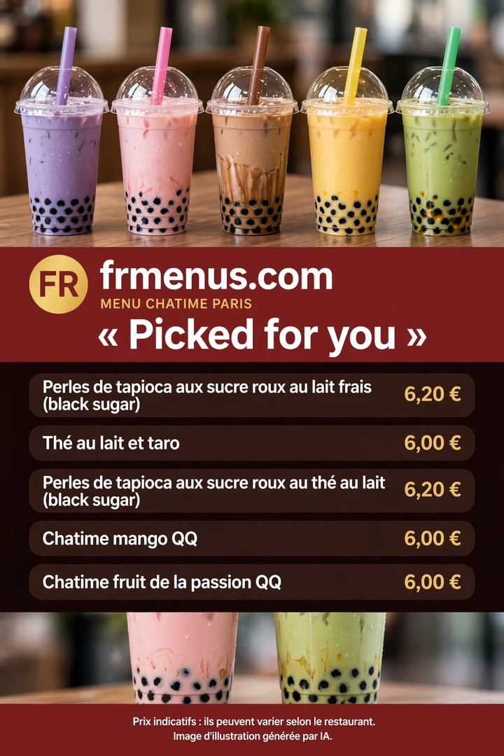 Carte « Sélection pour vous » Chatime : perles au sucre roux, taro et QQ avec prix