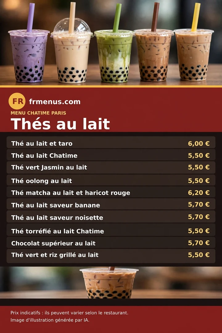 Carte « Thés au lait » Chatime : taro, jasmin, chocolat avec prix