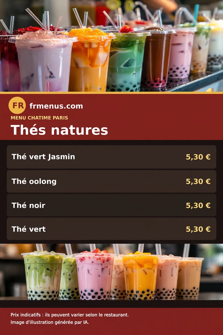 Carte « Thés natures » Chatime : jasmin, oolong, thé noir avec prix