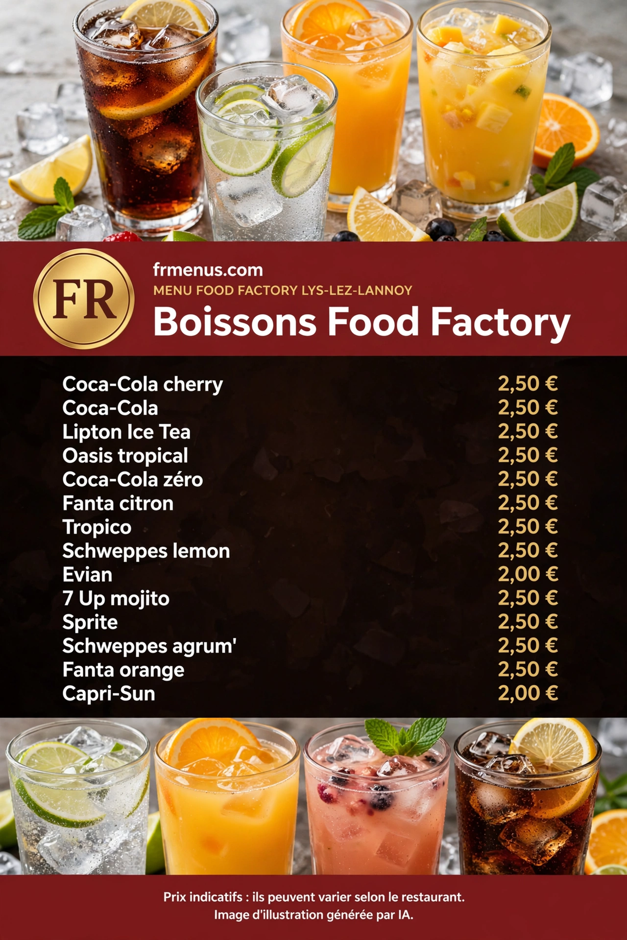Carte « Boissons » Food Factory Lys-lez-Lannoy : Coca-Cola, Evian et Lipton Ice Tea avec prix indicatifs