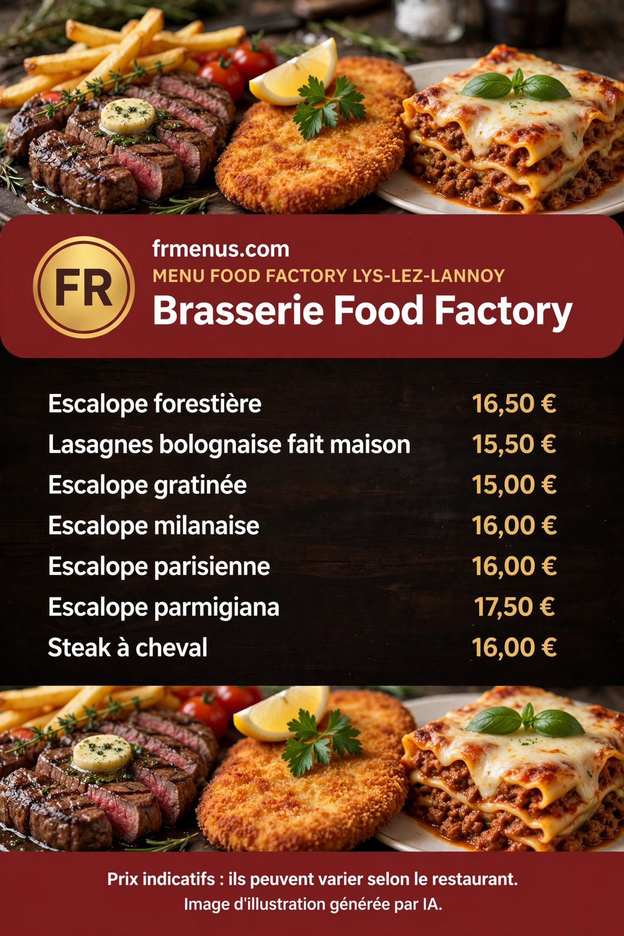 Carte « Brasserie » Food Factory Lys-lez-Lannoy : escalope forestière, escalope parmigiana et steak à cheval avec prix indicatifs