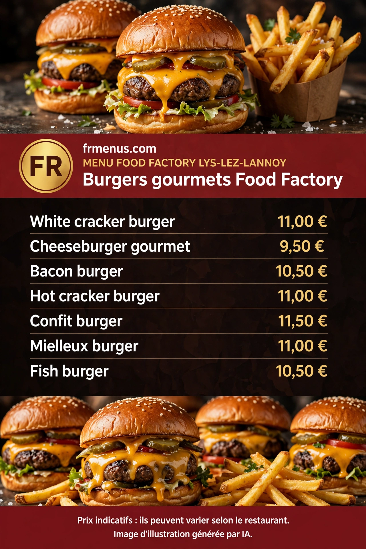 Carte « Burgers gourmets » Food Factory Lys-lez-Lannoy : cheeseburger gourmet, white cracker burger et confit burger avec prix indicatifs