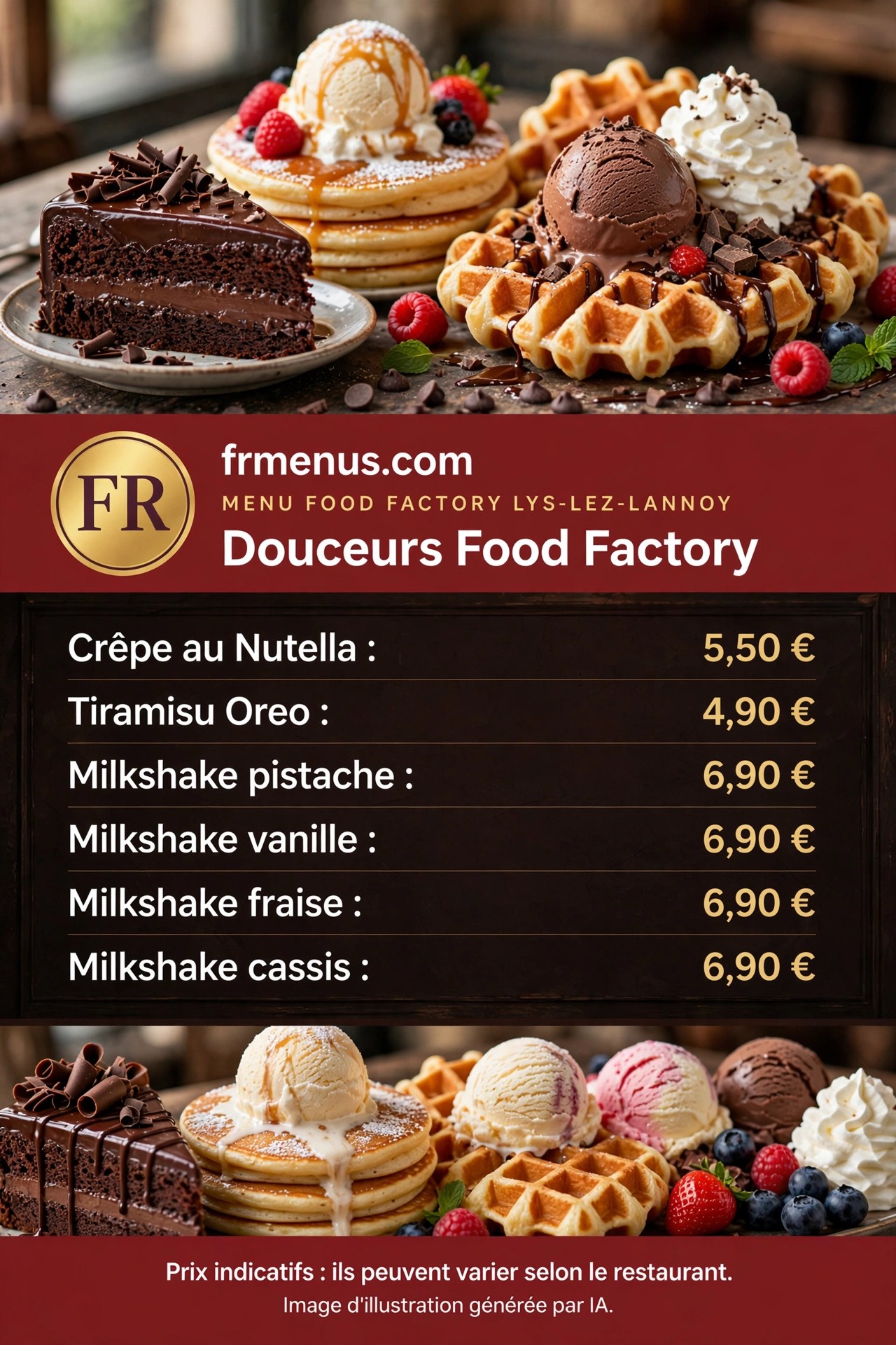 Carte « Douceurs » Food Factory Lys-lez-Lannoy : crêpe au Nutella, tiramisu Oreo et milkshake vanille avec prix indicatifs