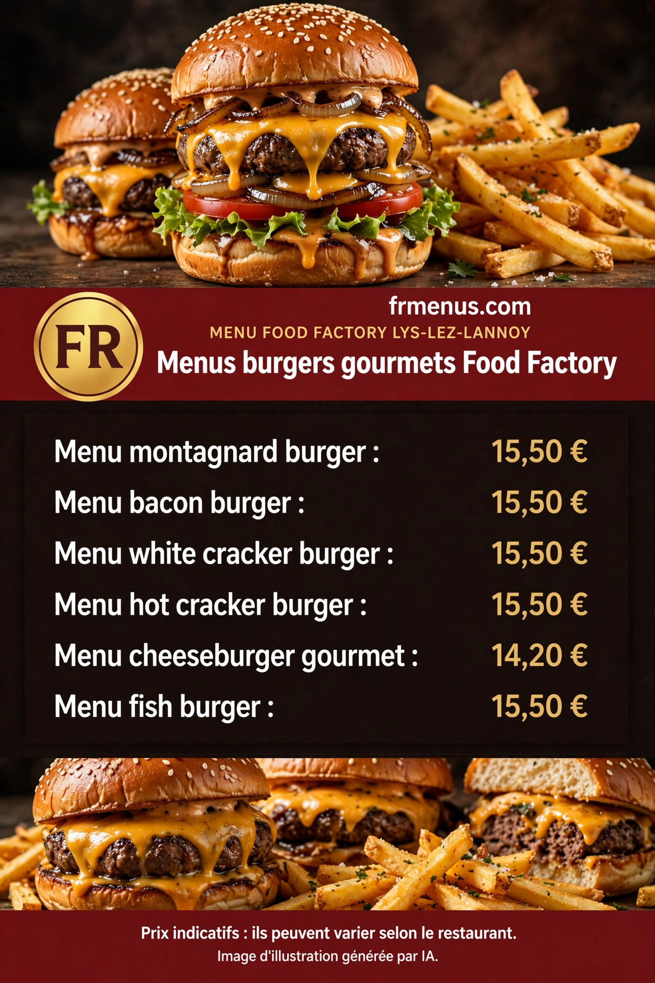 Carte « Menus burgers » Food Factory Lys-lez-Lannoy : menu cheeseburger gourmet, menu bacon burger et menu white cracker burger avec prix indicatifs