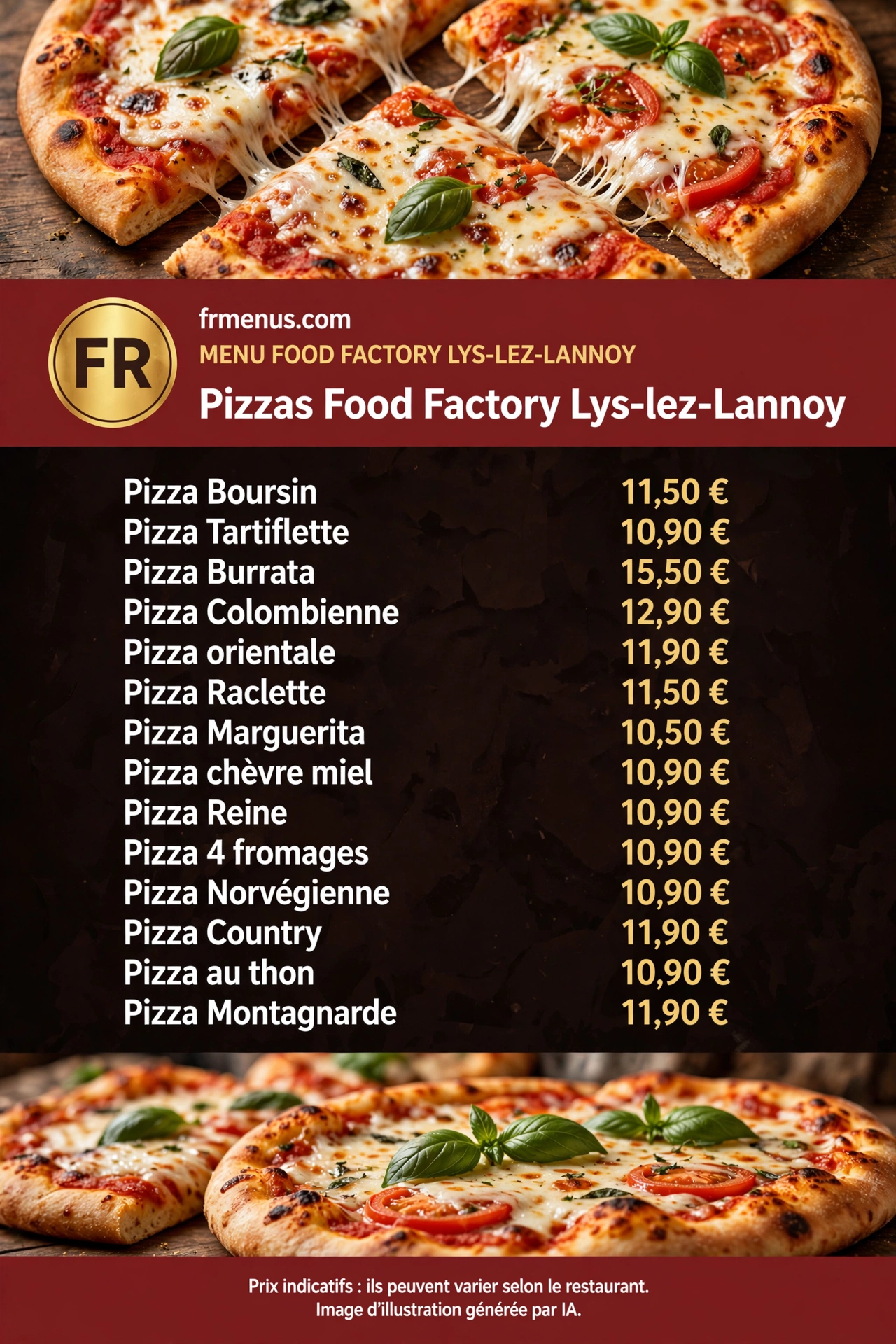 Carte « Pizzas » Food Factory Lys-lez-Lannoy : pizza burrata, pizza marguerita et pizza reine avec prix indicatifs