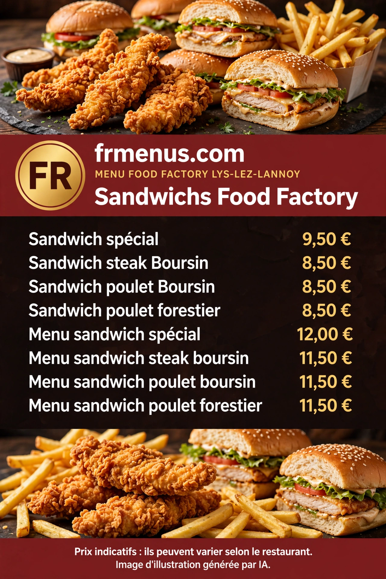 Carte « Sandwichs » Food Factory Lys-lez-Lannoy : sandwich spécial, sandwich poulet Boursin et menu sandwich spécial avec prix indicatifs