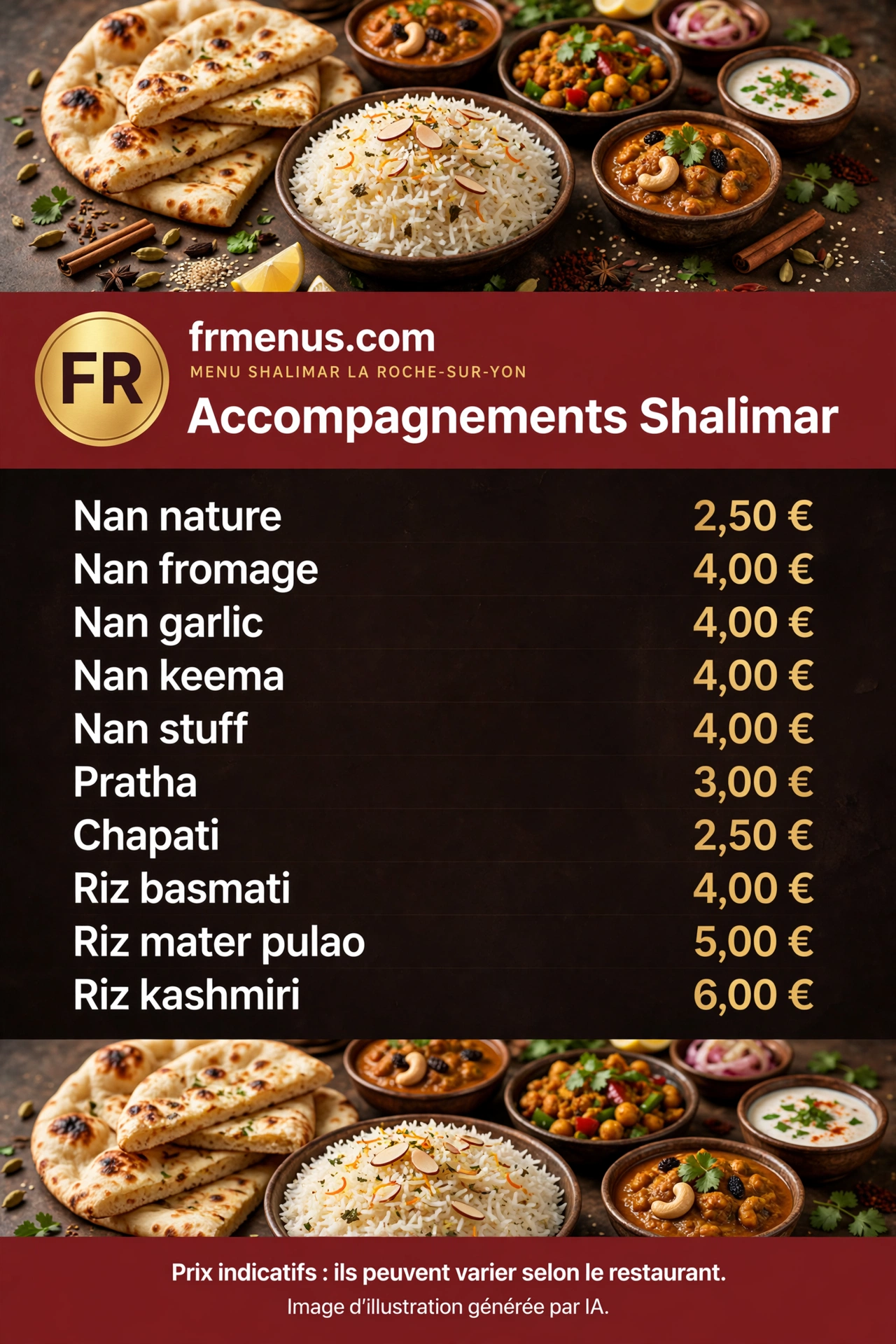 Carte « Accompagnements » Shalimar : naans, riz basmati, pratha, chapati avec prix indicatifs