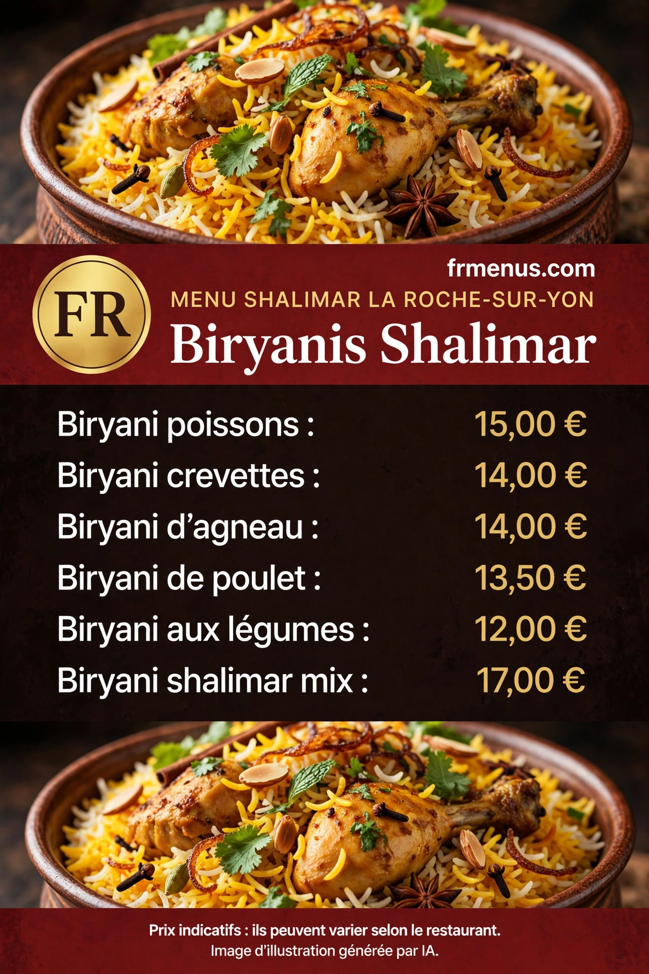 Carte « Biryani et spécialités » Shalimar : biryanis poulet, agneau, crevettes, poissons avec prix indicatifs