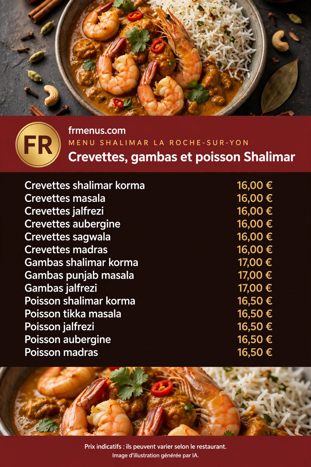 Carte « Crevettes, gambas et poisson » Shalimar : crevettes masala, gambas korma, poisson tikka avec prix indicatifs