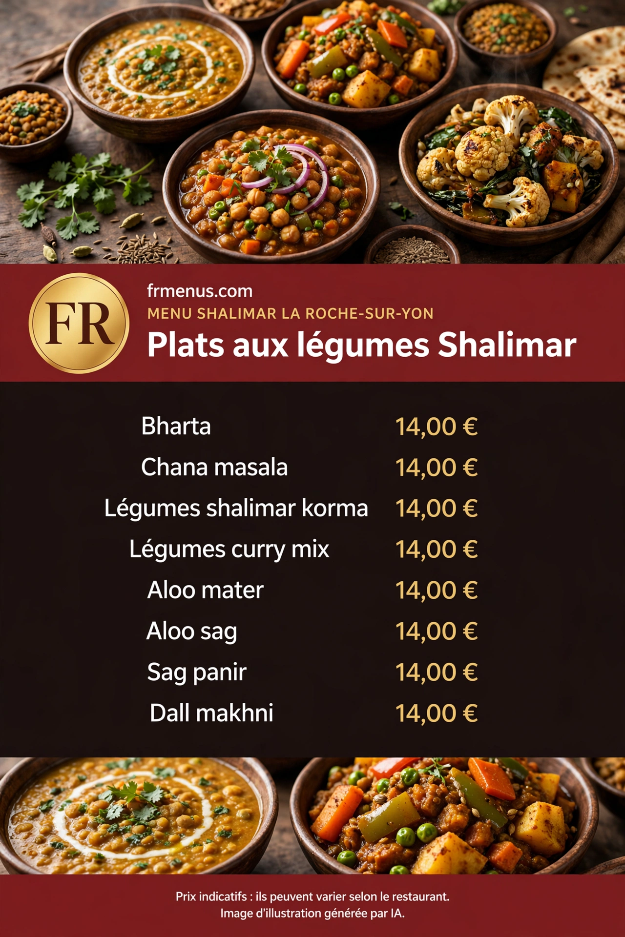 Carte « Plats aux légumes » Shalimar : chana masala, dall makhni, sag panir avec prix indicatifs
