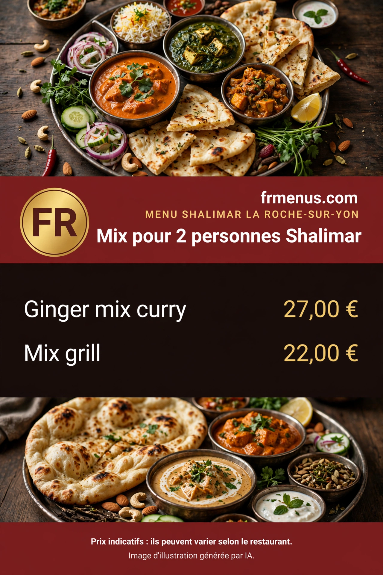 Carte « Mix pour 2 personnes » Shalimar : ginger mix curry et mix grill avec prix indicatifs