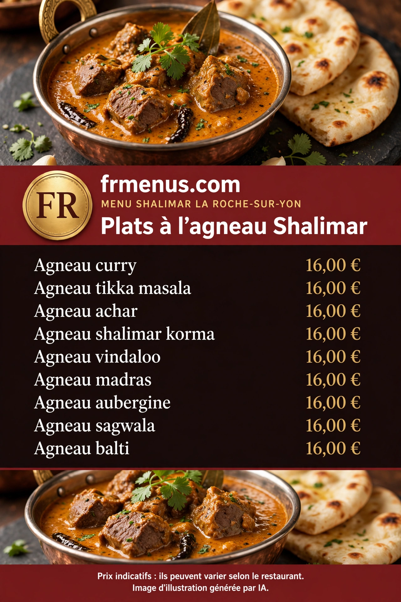 Carte « Plats à l'agneau » Shalimar : agneau curry, tikka masala, balti avec prix indicatifs