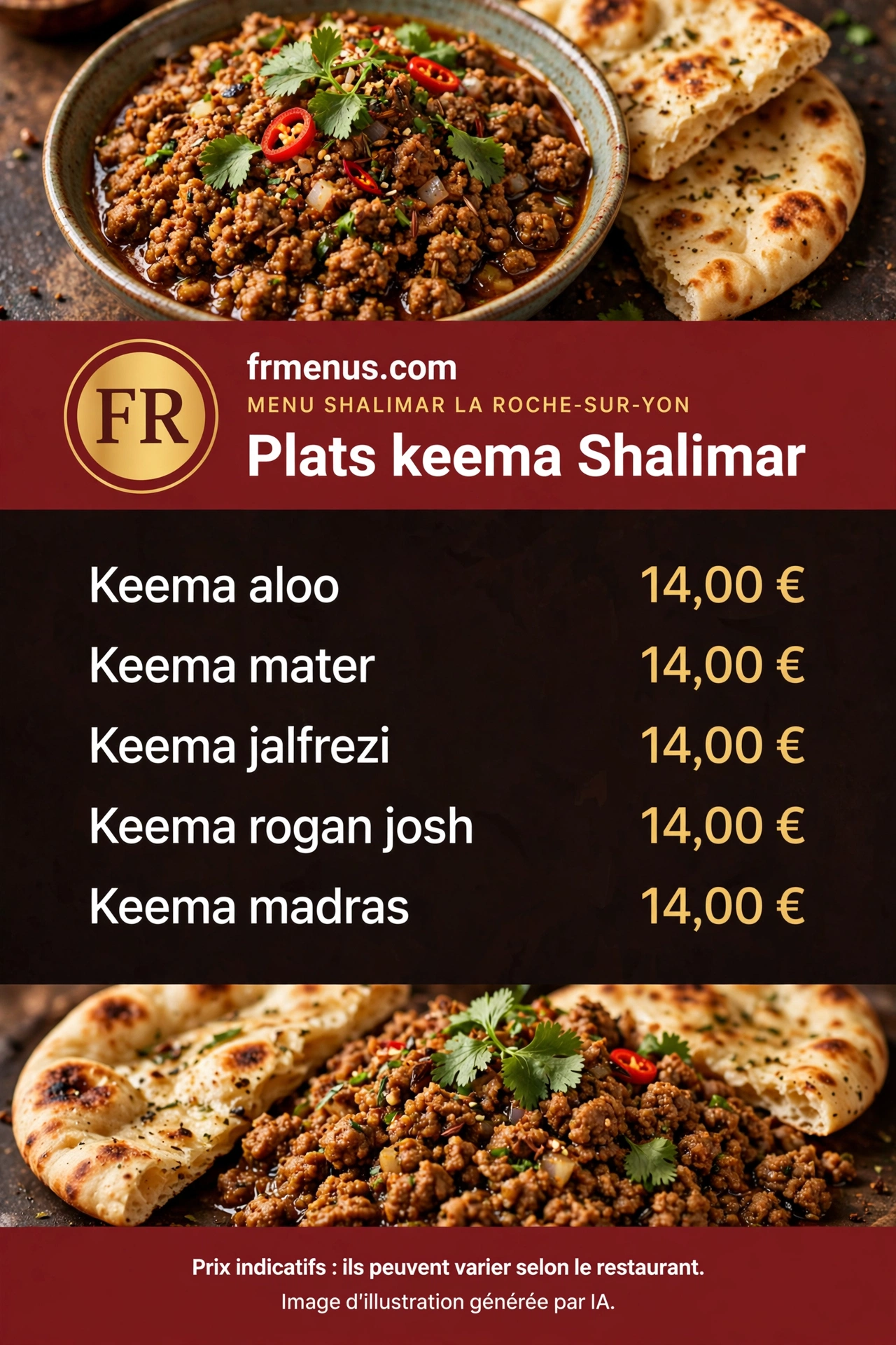 Carte « Plats keema » Shalimar : viande hachée aux épices avec prix indicatifs