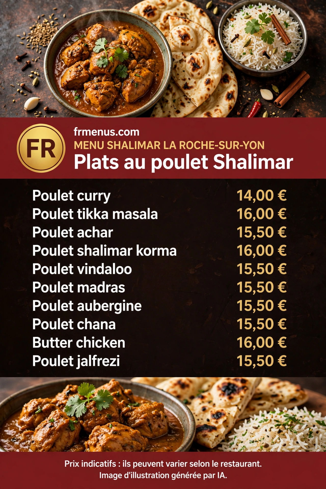 Carte « Plats au poulet » Shalimar : poulet curry, tikka masala, butter chicken avec prix indicatifs