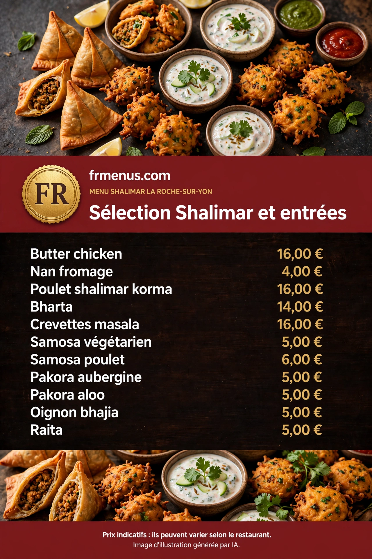 Carte « Sélection Shalimar et entrées » : butter chicken, samosas, nan fromage avec prix indicatifs
