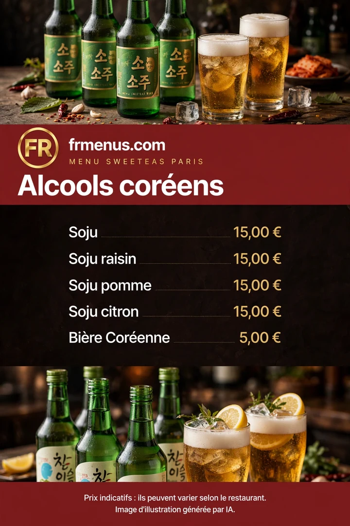 Carte « Alcools coréens » Sweetea's : soju à 15,00 € et bière coréenne à 5,00 €