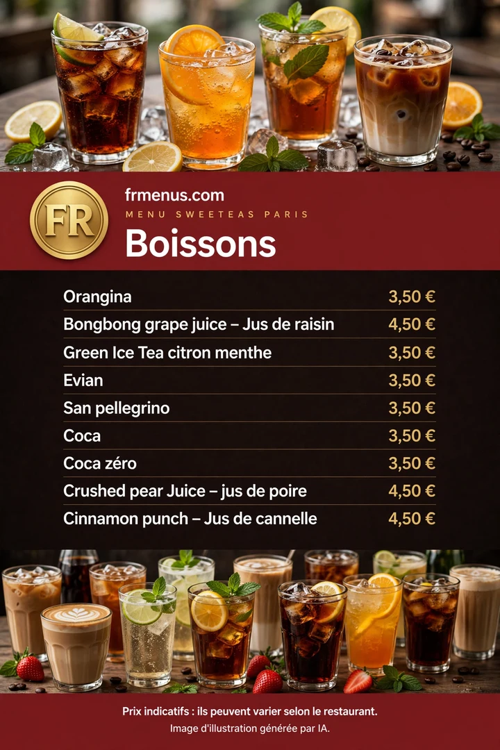 Carte « Boissons » Sweetea's : jus de poire, jus de raisin et thé glacé, prix affichés