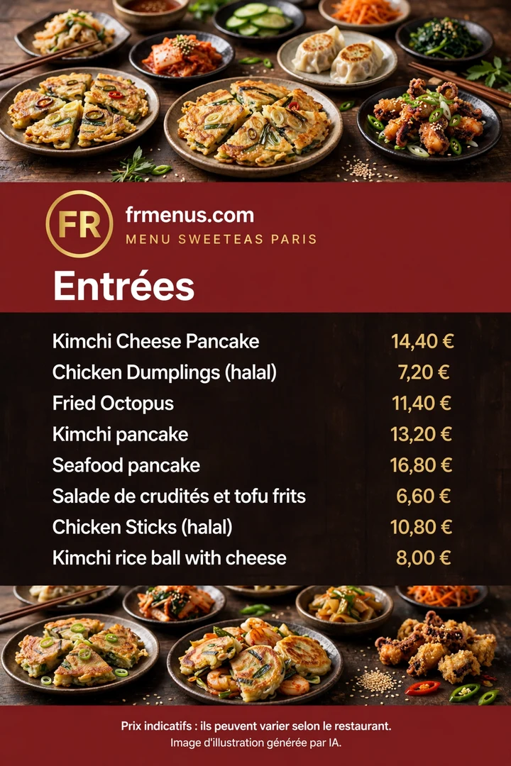 Carte « Entrées » Sweetea's : pancakes au kimchi, Kimchi Cheese Pancake 14,40 €