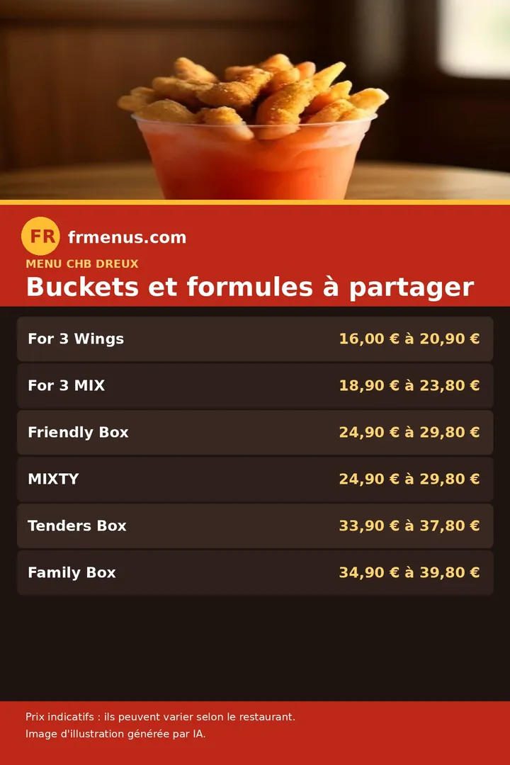 Carte des buckets et formules à partager du restaurant CHB de Dreux, avec fourchettes de prix indicatives