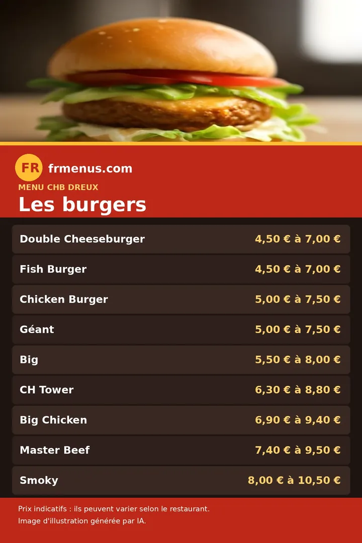 Carte des burgers du restaurant CHB de Dreux, avec fourchettes de prix indicatives