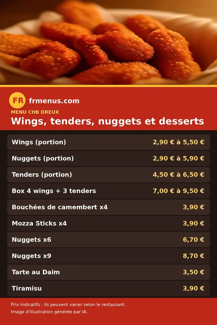 Carte des wings, tenders, nuggets et desserts du restaurant CHB de Dreux, avec prix indicatifs