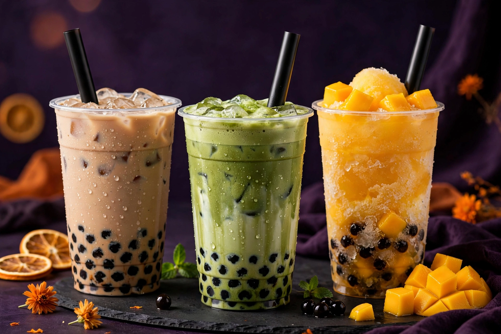 Gobelets de bubble tea Chatime : thé au lait perlé, matcha latte et granité à la mangue