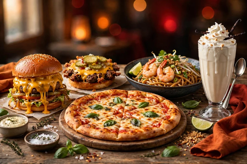 Assortiment Food Factory Lys-lez-Lannoy : burgers gourmets, smash burger, pizza, pad thaï aux crevettes et milkshake vanille