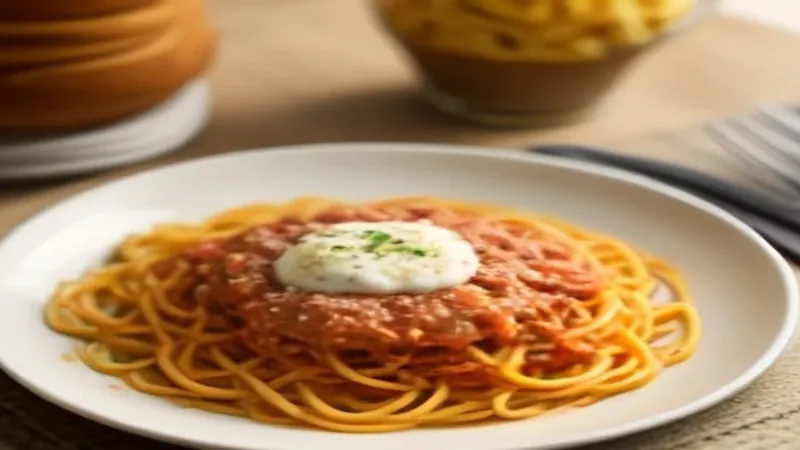 Assiette de spaghettis à la sauce tomate, illustration générée par IA