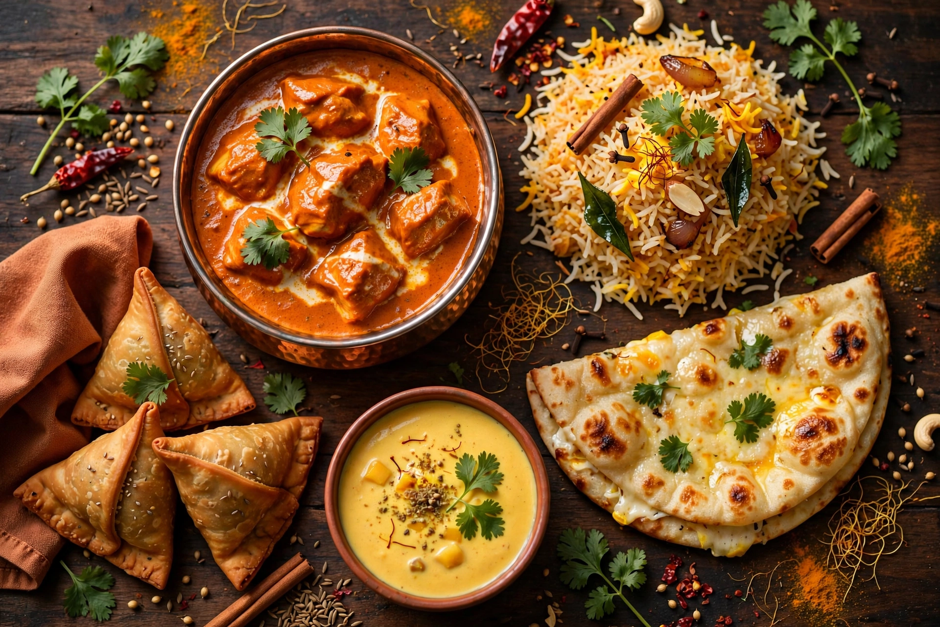 Thali indien : butter chicken, biryani, samosas, naan au fromage et lassi à la mangue