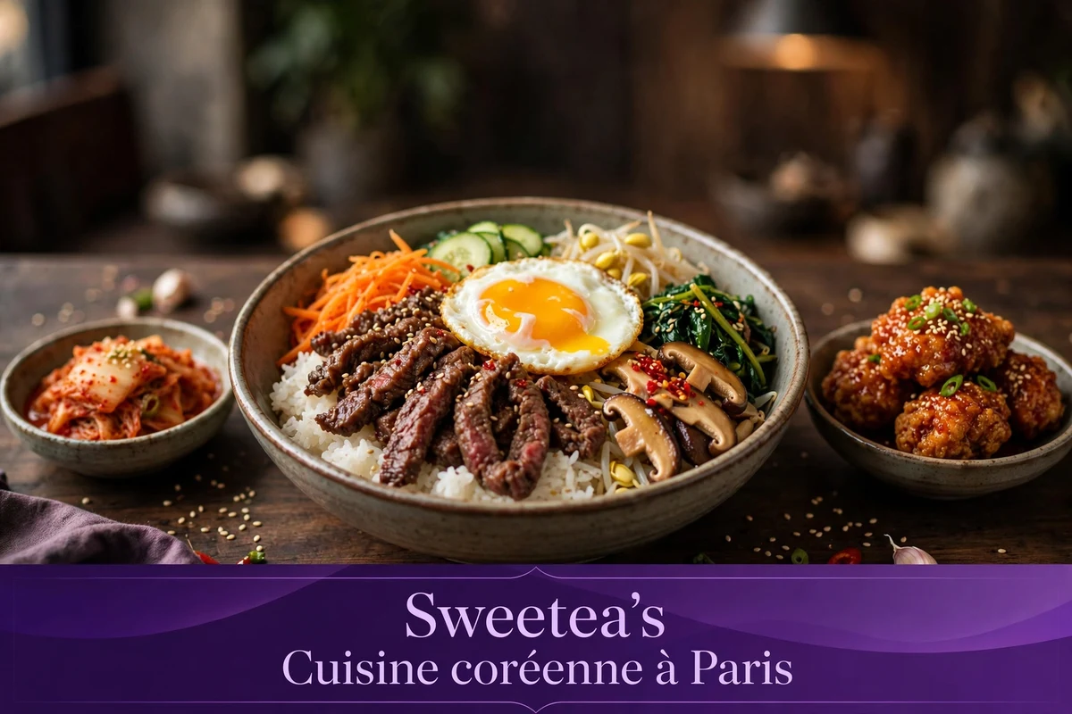 Photo d'accueil Sweetea's : bibimbap coréen coloré, kimchi et poulet frit épicé à Paris