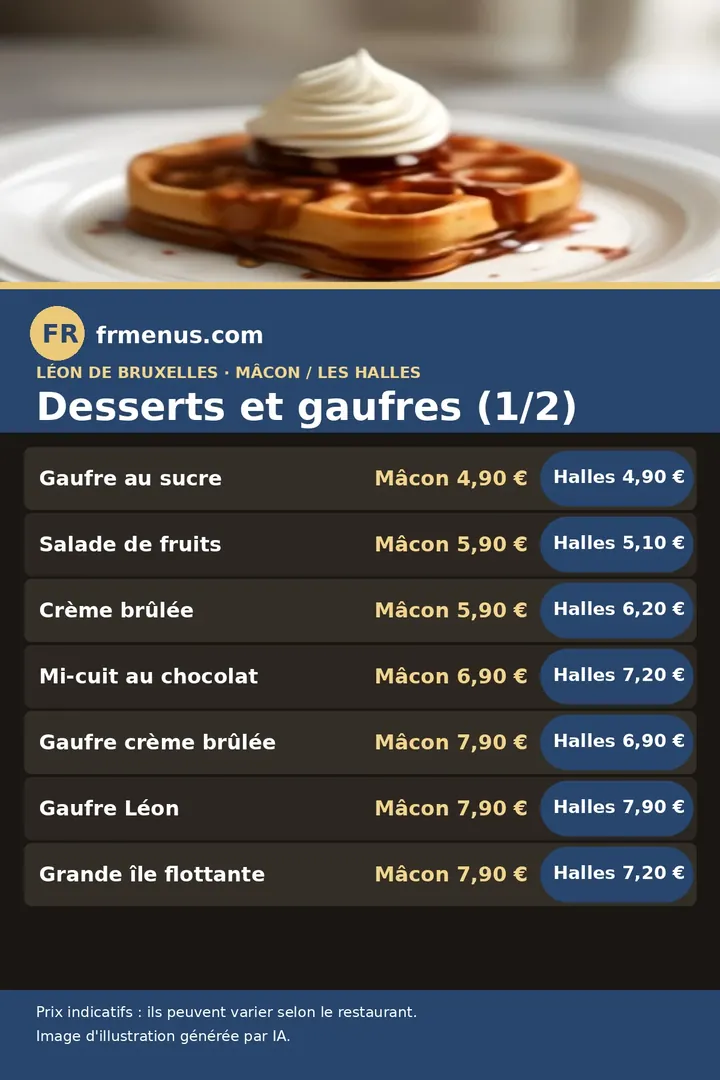 Carte des desserts et gaufres (1/2) de Léon de Bruxelles, prix à Mâcon et à Paris Les Halles, avec prix indicatifs