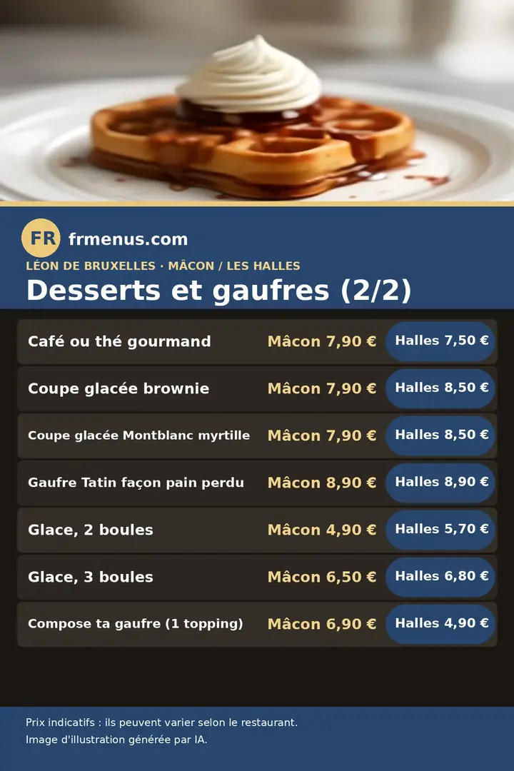 Carte des desserts et gaufres (2/2) de Léon de Bruxelles, prix à Mâcon et à Paris Les Halles, avec prix indicatifs
